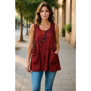 3 Potato Red Sleeveless Blouse Art to Wear Lagenlook Pockets Size S / M NEW